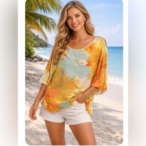 Jams World Tropical Watercolor Print Dolman Type Short Sleeve Top Size XL+
